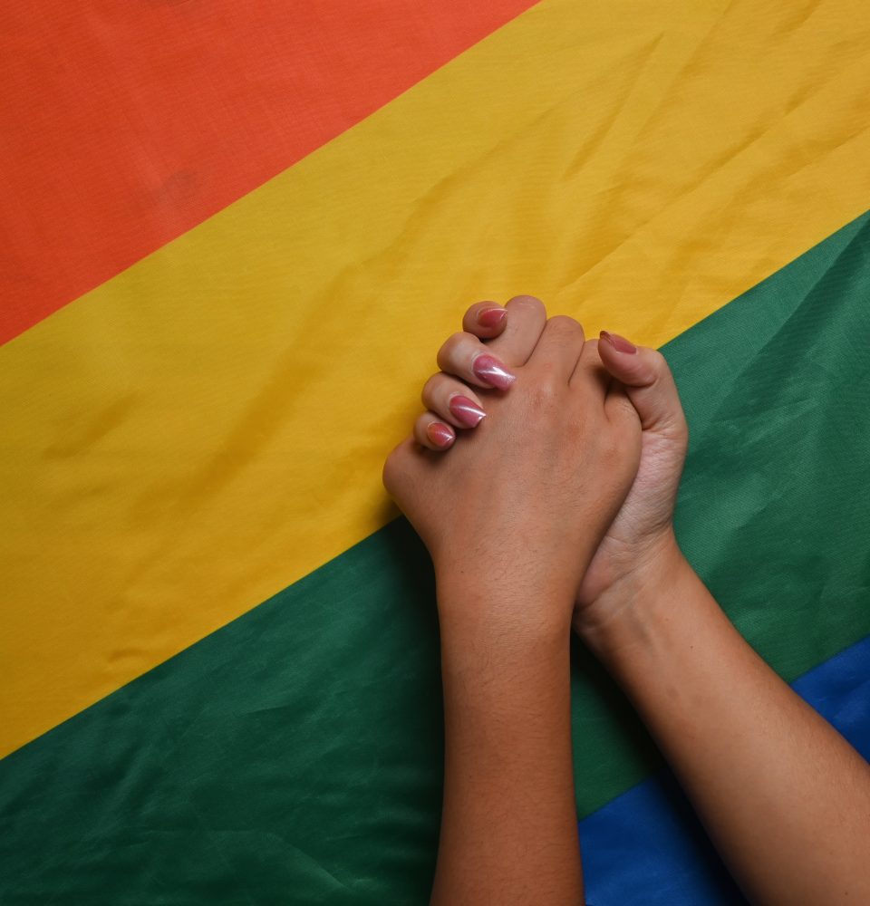 Young asian women LGBT lesbian couple holding hands over LGBT pr