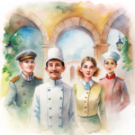 Un botones de hotel una mujer cheff un sommelie