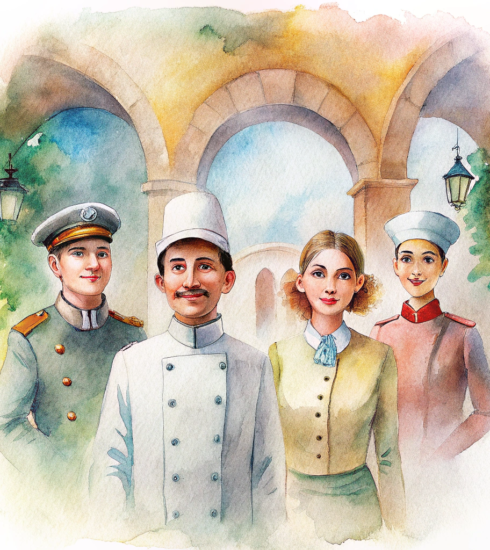 Un botones de hotel una mujer cheff un sommelie